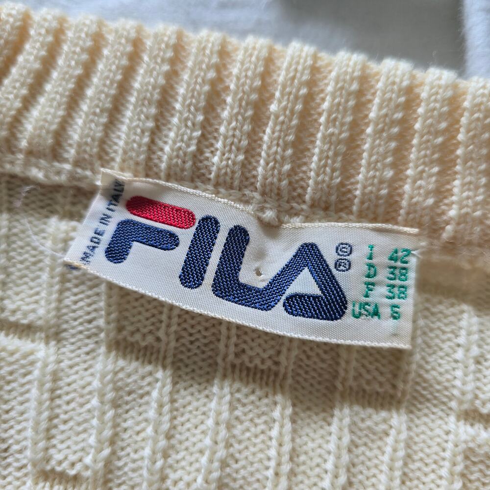 Vintage FILA Womens Wool V-neck Intrecciato 3D Knit Tennis Sweater US 6 Ivory - Picture 4 of 8